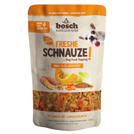 Bosch Freshe Schnauze Topping sonnig gelbes Ackergemüse 200g (Menge: 8 je Bestelleinheit) Bosch Freshe Schnauze Topping sonnig gelbes Ackergemüse 200g (Menge: 8 je Bestelleinheit)