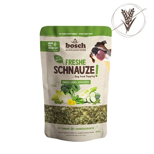 Bosch Freshe Schnauze Topping knackig grünes Ackergemüse 200g (Menge: 8 je Bestelleinheit) Bosch Freshe Schnauze Topping knackig grünes Ackergemüse 200g (Menge: 8 je Bestelleinheit)