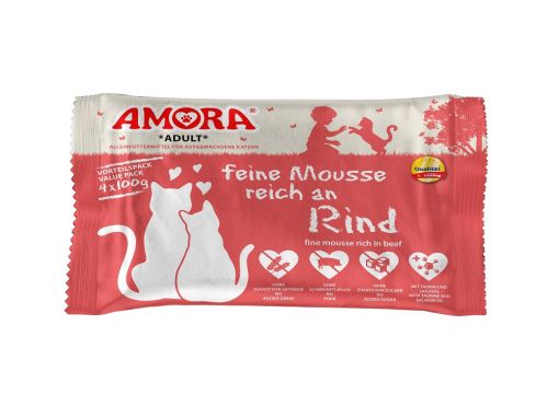 AMORA Cat PB Flowpack feine Mousse reich an Rind 4x100g (Menge: 10 je Bestelleinheit)