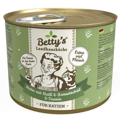 Bettys Landhausküche Katze Dose Huhn mit Kalb & Borretschöl 200g (Menge: 6 je Bestelleinheit) Bettys Landhausküche Katze Dose Huhn mit Kalb & Borretschöl 200g (Menge: 6 je Bestelleinheit)