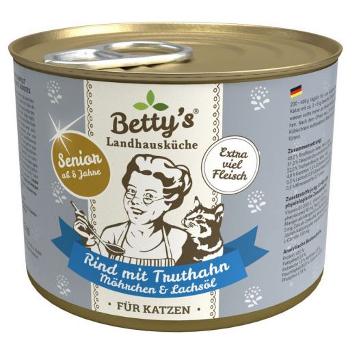 Bettys Landhausküche Katze Dose Senior Rind mit Truthahn, Möhrchen & Lachsöl 200g (Menge: 6 je Bestelleinheit) Bettys Landhausküche Katze Dose Senior Rind mit Truthahn, Möhrchen & Lachsöl 200g (Menge: 6 je Bestelleinheit)