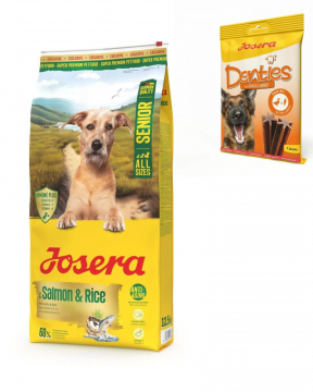Josera Salmon & Rice Senior 12,5 kg + Denties Duck & Carrot 180 g Gratis