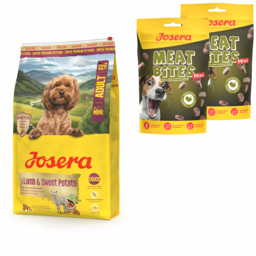 Josera Lamb & Sweet Potato Mini Adult 3 kg + 2 x 70 g Meat Bites Mini Turkey gratis