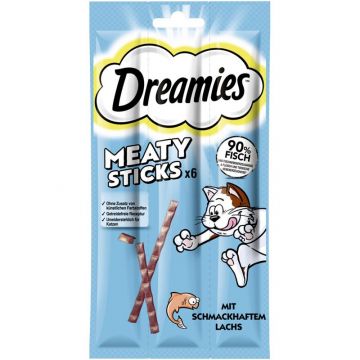 Dreamies Cat Snack Meaty Sticks Lachs 6x5g (Menge: 14 je Bestelleinheit)
