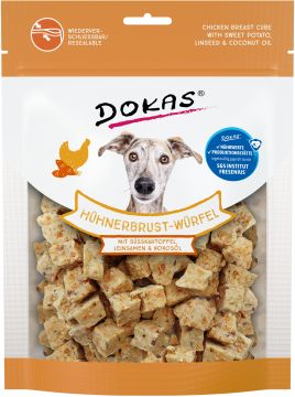 Dokas Dog Hühnerbrust-Würfel,Süsskartoffel, Leinsamen 150 g (Menge: 8 je Bestelleinheit)